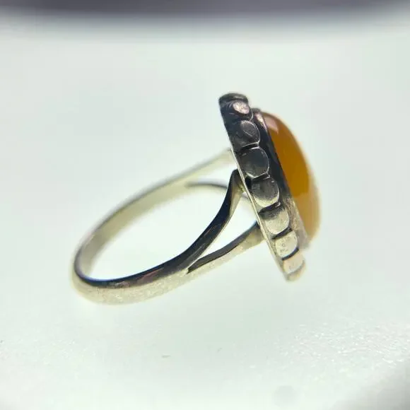 925 Sterling Silver Orange Amber Cabochon Ring Bezel Set Size 7 Boho
